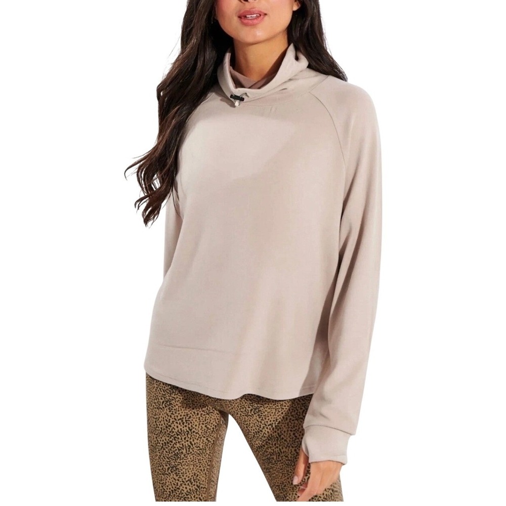 Varley Womens Adkisson Funnel Neck Toggle Pullover Top Beige Large Athleisure